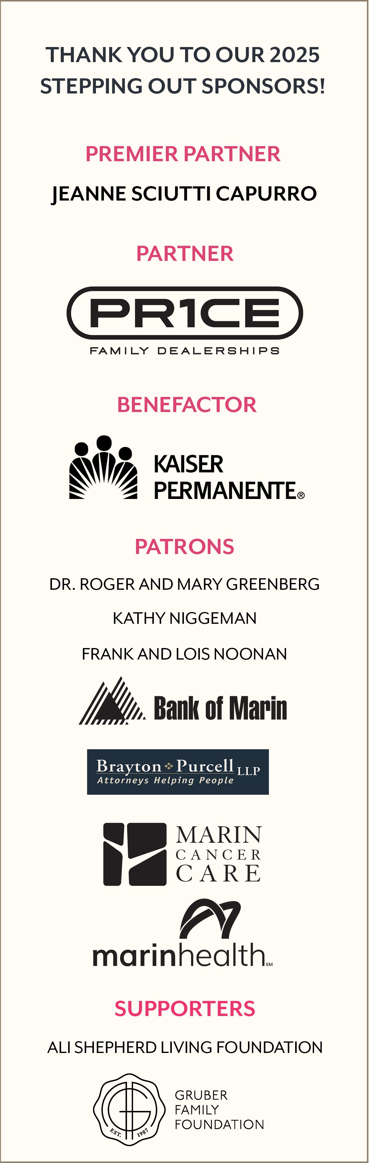 Thank You to our 2025 Stepping Out Sponsors